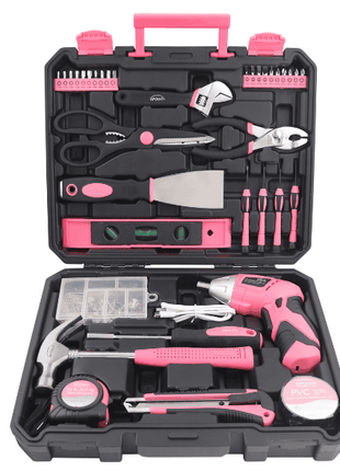 New and Improved 135 Piece Pink Household Tool Set with Pivoting Dual-Angle 3.6 Volt Lithium-Ion Cordless Screwdriver in Hard Case - DT0774P
