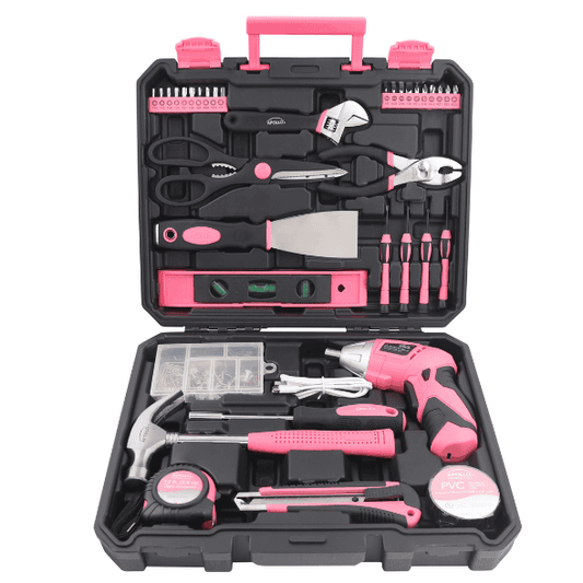 New and Improved 135 Piece Pink Household Tool Set with Pivoting Dual-Angle 3.6 Volt Lithium-Ion Cordless Screwdriver in Hard Case - DT0774P