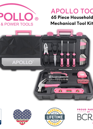 Essential 65-Piece Pink Tool Set with Socket Set and Most-Used Tools for Do it Yourself Repairs and Maintenance - DT0001P