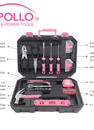 Essential 65-Piece Pink Tool Set with Socket Set and Most-Used Tools for Do it Yourself Repairs and Maintenance - DT0001P