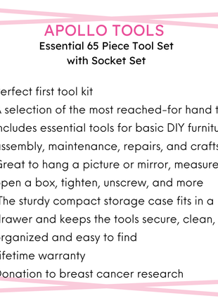 Essential 65-Piece Pink Tool Set with Socket Set and Most-Used Tools for Do it Yourself Repairs and Maintenance - DT0001P