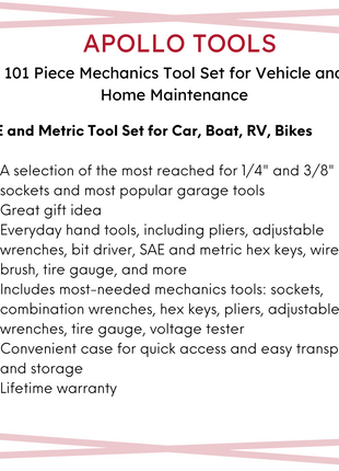 101 Piece Mechanic Tool Set for Vehicle and Home Maintenance, Roadside Emergencies. SAE and Metric Tool Set for Car, Boat, RV, Bikes - DT0006