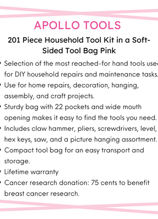 201 Piece Household Tool Kit in a Soft-Sided Tool Bag Pink - DT0020P