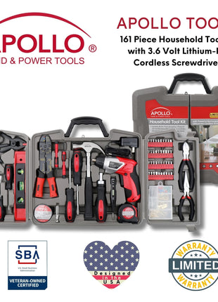 161 Piece Household Tool Kit with Convenient 3.6 Volt Lithium Ion Cordless Screwdriver - DT0739