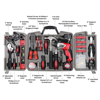 161 Piece Household Tool Kit with Convenient 3.6 Volt Lithium Ion Cordless Screwdriver - DT0739