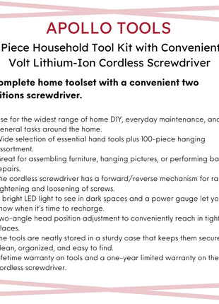 161 Piece Household Tool Kit with Convenient 3.6 Volt Lithium Ion Cordless Screwdriver - DT0739