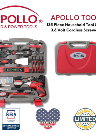 135 Piece Household Tool Set with Pivoting Dual-Angle 3.6 Volt Lithium-Ion Cordless Screwdriver - DT0773