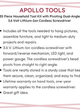 135 Piece Household Tool Set with Pivoting Dual-Angle 3.6 Volt Lithium-Ion Cordless Screwdriver - DT0773