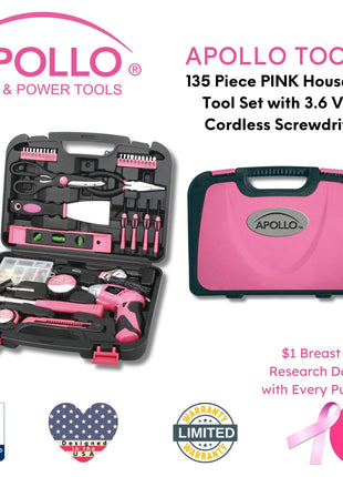 135 Piece Household Tool Kit Pink with Pivoting Dual-Angle 3.6 Volt Lithium-Ion Cordless Screwdriver - DT0773N1