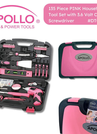 135 Piece Household Tool Kit Pink with Pivoting Dual-Angle 3.6 Volt Lithium-Ion Cordless Screwdriver - DT0773N1