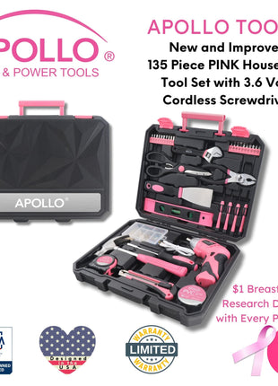 New and Improved 135 Piece Pink Household Tool Set with Pivoting Dual-Angle 3.6 Volt Lithium-Ion Cordless Screwdriver in Hard Case - DT0774P
