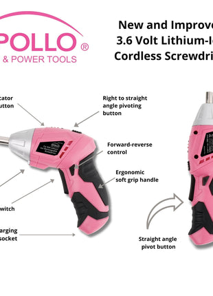 New and Improved 135 Piece Pink Household Tool Set with Pivoting Dual-Angle 3.6 Volt Lithium-Ion Cordless Screwdriver in Hard Case - DT0774P