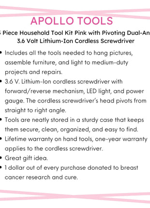 135 Piece Household Tool Kit Pink with Pivoting Dual-Angle 3.6 Volt Lithium-Ion Cordless Screwdriver - DT0773N1