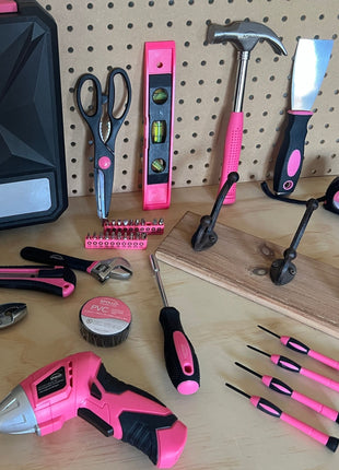 New and Improved 135 Piece Pink Household Tool Set with Pivoting Dual-Angle 3.6 Volt Lithium-Ion Cordless Screwdriver in Hard Case - DT0774P