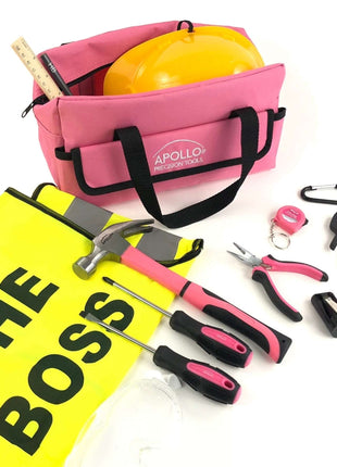 14 Piece My First Tool Kit Educational Tool Set with Pink Tool Bag, Real Pink Tools, and Safety Gear --DT4936P