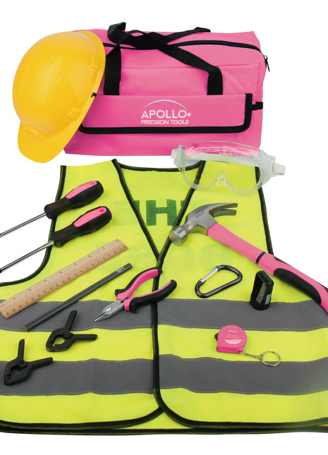 14 Piece My First Tool Kit Educational Tool Set with Pink Tool Bag, Real Pink Tools, and Safety Gear --DT4936P