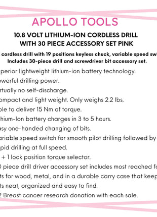 10.8 Volt Lithium-Ion Cordless Drill with 30 Piece Accessory Set PINK - DT4937P