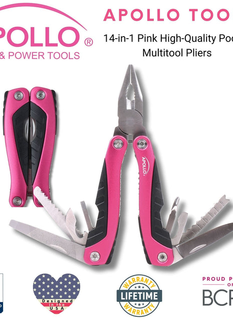 14-in-1 Pink High-Quality Pocket Multitool Pliers. Great for Outdoors, Camping, Fishing  --DT5015P