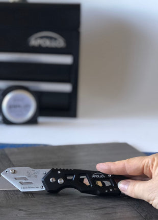 Ergonomic Stainless Steel, Lightweight, Foldable Black Utility Knife with Carabiner Clip and Fast-Change Blade - DT5017