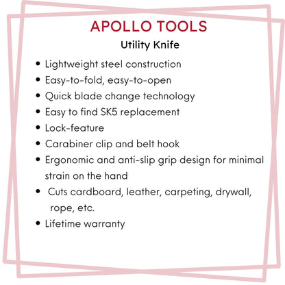 Ergonomic Stainless Steel, Lightweight, Foldable Black Utility Knife with Carabiner Clip and Fast-Change Blade - DT5017