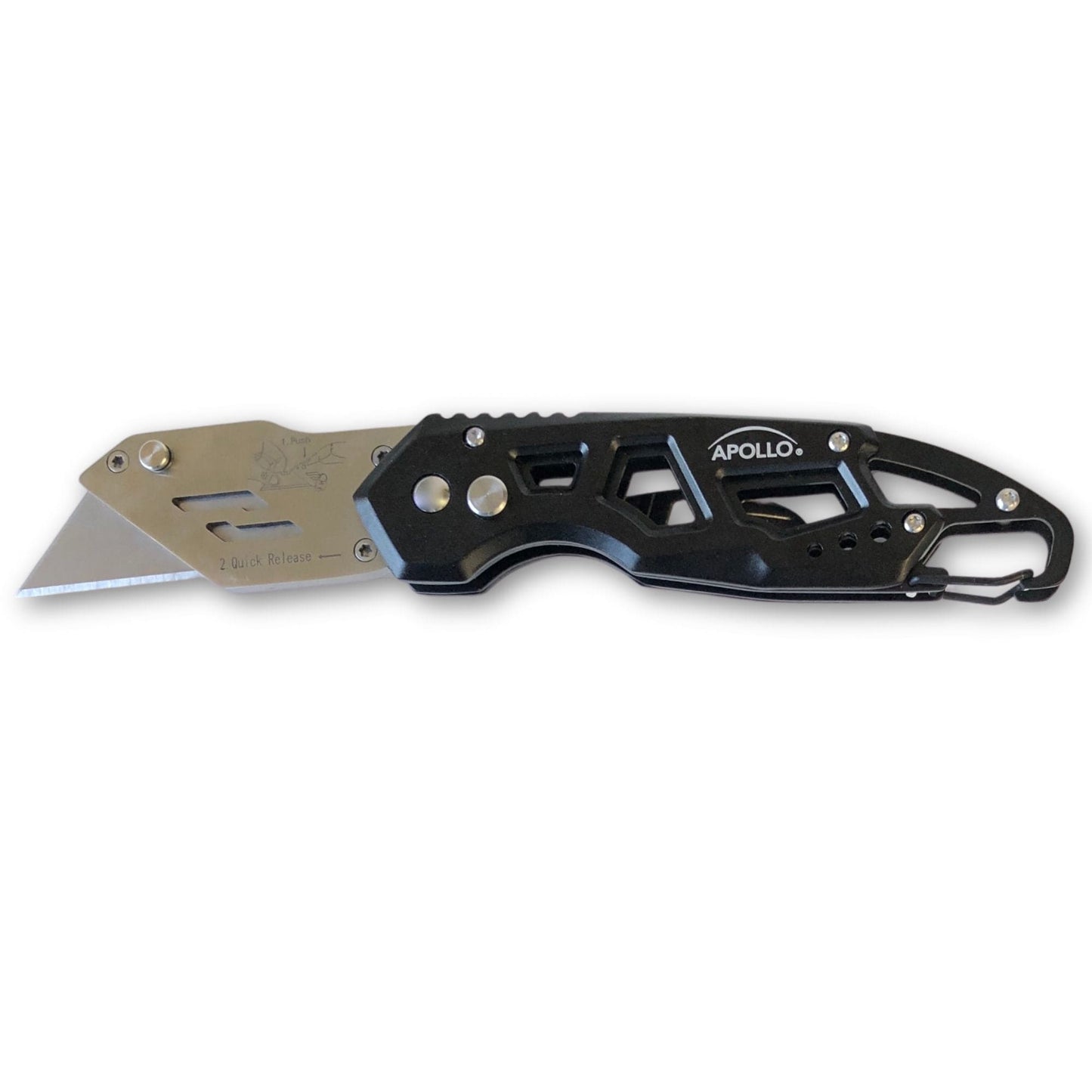 Ergonomic Stainless Steel, Lightweight, Foldable Black Utility Knife with Carabiner Clip and Fast-Change Blade - DT5017