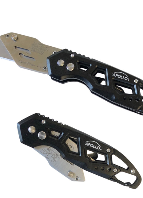 Ergonomic Stainless Steel, Lightweight, Foldable Black Utility Knife with Carabiner Clip and Fast-Change Blade - DT5017