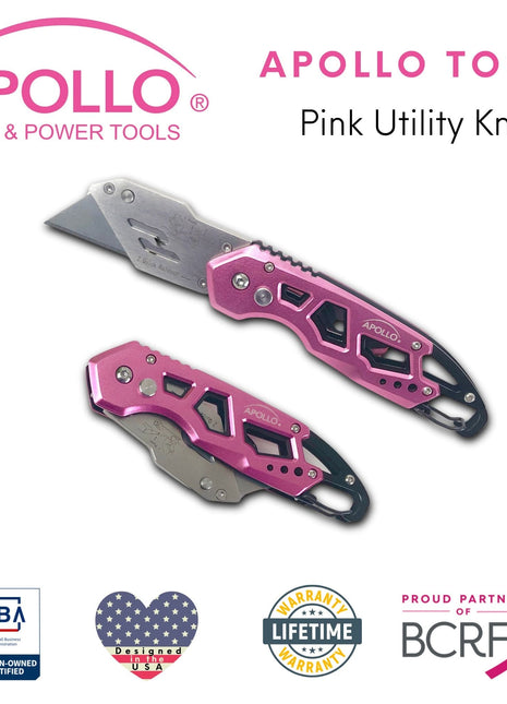 Ergonomic Stainless Steel, Lightweight, Foldable Pink Utility Knife with Carabiner Clip and Fast-Change Blade - DT5017P