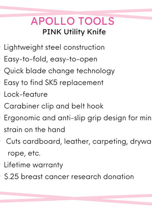 Ergonomic Stainless Steel, Lightweight, Foldable Pink Utility Knife with Carabiner Clip and Fast-Change Blade - DT5017P
