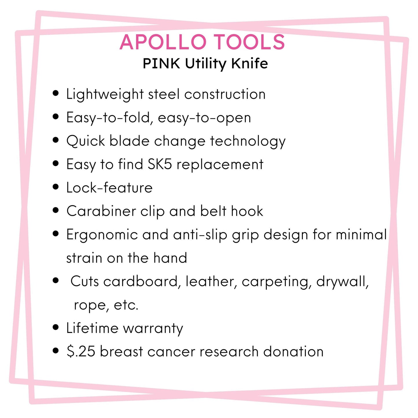 Ergonomic Stainless Steel, Lightweight, Foldable Pink Utility Knife with Carabiner Clip and Fast-Change Blade - DT5017P