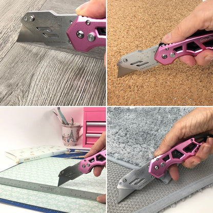 Ergonomic Stainless Steel, Lightweight, Foldable Pink Utility Knife with Carabiner Clip and Fast-Change Blade - DT5017P