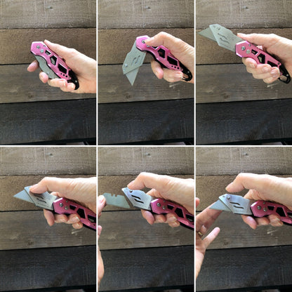 Ergonomic Stainless Steel, Lightweight, Foldable Pink Utility Knife with Carabiner Clip and Fast-Change Blade - DT5017P