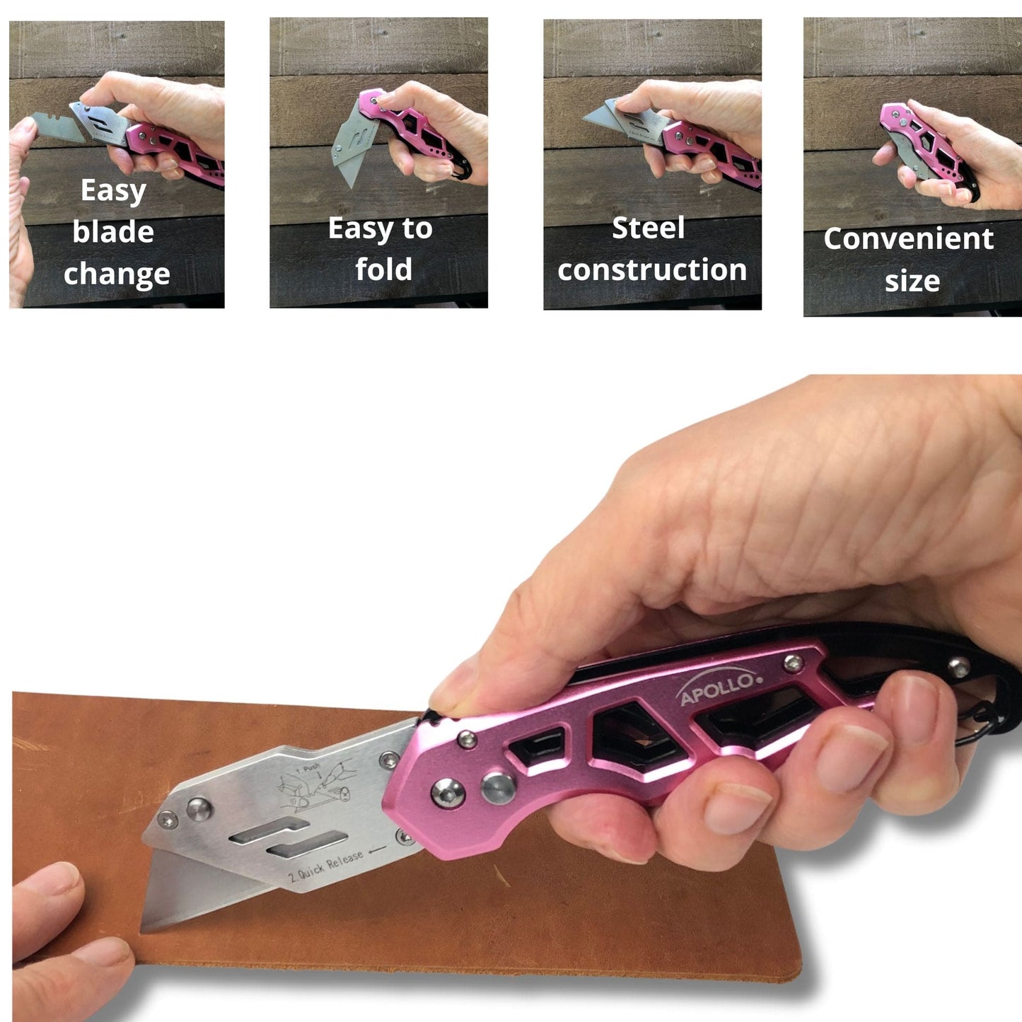 Ergonomic Stainless Steel, Lightweight, Foldable Pink Utility Knife with Carabiner Clip and Fast-Change Blade - DT5017P