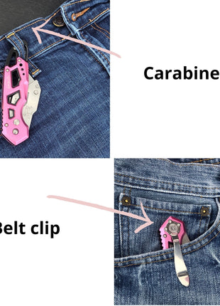 Ergonomic Stainless Steel, Lightweight, Foldable Pink Utility Knife with Carabiner Clip and Fast-Change Blade - DT5017P