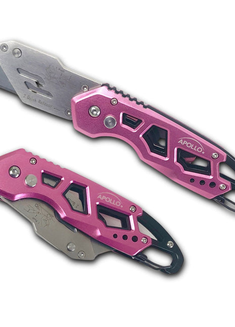 Ergonomic Stainless Steel, Lightweight, Foldable Pink Utility Knife with Carabiner Clip and Fast-Change Blade - DT5017P