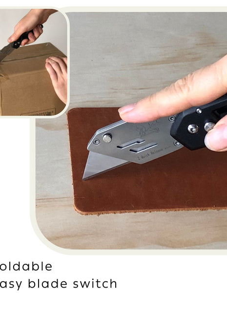 Ergonomic Stainless Steel, Lightweight, Foldable Black Utility Knife with Carabiner Clip and Fast-Change Blade - DT5017