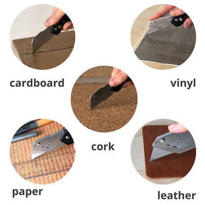 Ergonomic Stainless Steel, Lightweight, Foldable Black Utility Knife with Carabiner Clip and Fast-Change Blade - DT5017