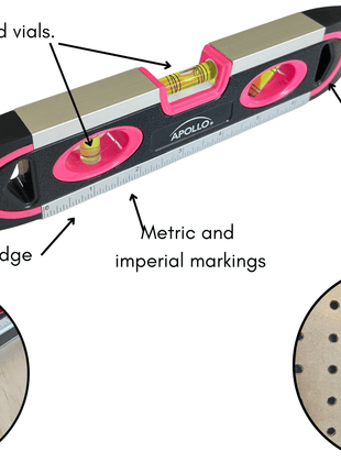 PINK 9-inch torpedo-shaped spirit level for 180/90/45 degrees leveling--  DT5019P