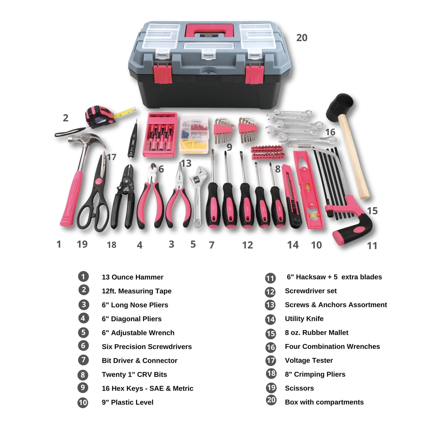 Pink 170 Piece Household Tool Kit with New and Improved Tool Box - DT7103P