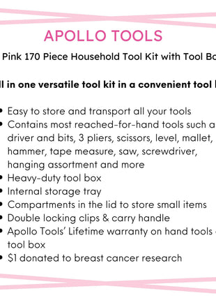 Pink 170 Piece Household Tool Kit with New and Improved Tool Box - DT7103P