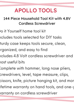 144 Piece Household Tool Kit with 4.8V Cordless Screwdriver - DT8422