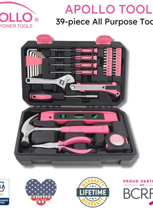 Apollo Tools New and Improved 39 Piece General Pink Tool Set in Storage Case for DIY Everyday Home Maintenance and Repairs- DT9711P