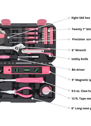 Apollo Tools New and Improved 39 Piece General Pink Tool Set in Storage Case for DIY Everyday Home Maintenance and Repairs- DT9711P