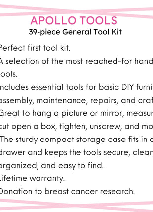 Apollo Tools New and Improved 39 Piece General Pink Tool Set in Storage Case for DIY Everyday Home Maintenance and Repairs- DT9711P