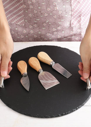 Round Slate Stone Serving Tray with stainless steel Handles kit