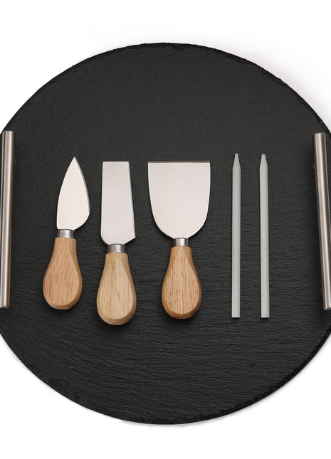 Round Slate Stone Serving Tray with stainless steel Handles kit