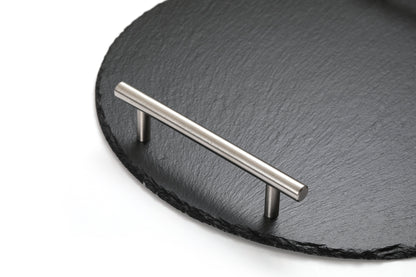 Round Slate Stone Serving Tray with stainless steel Handles kit