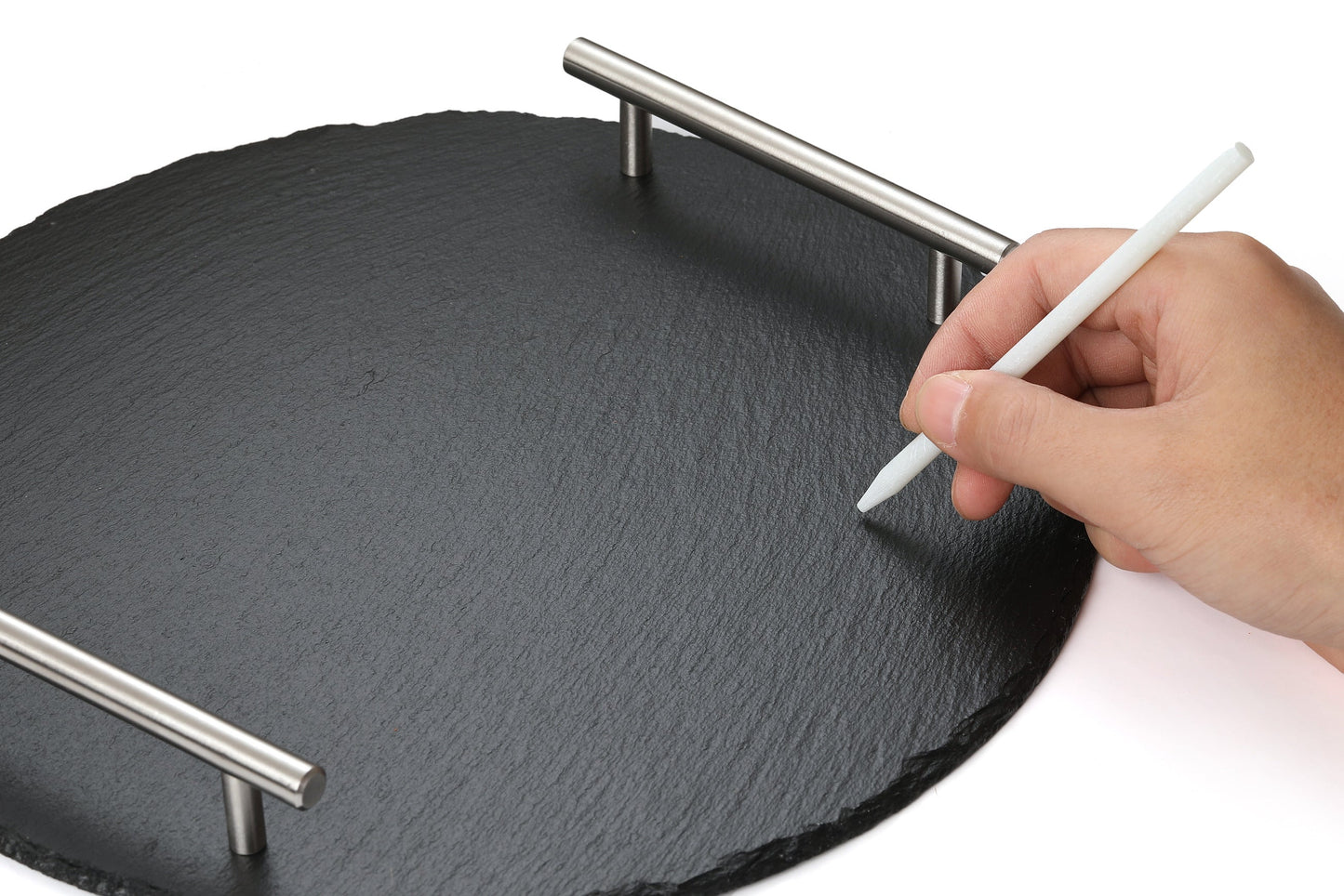 Round Slate Stone Serving Tray with stainless steel Handles kit
