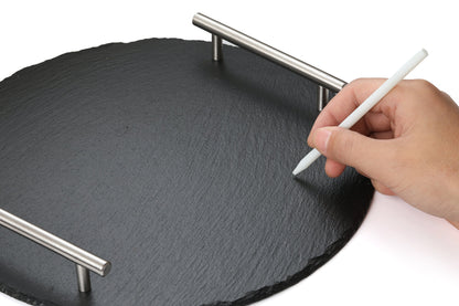 Round Slate Stone Serving Tray with stainless steel Handles kit