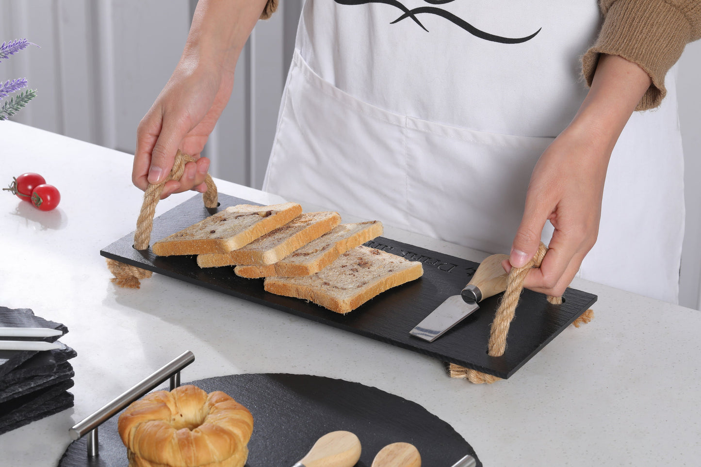 Rectangular Slate Stone Serving Tray with Jute Rope Handles