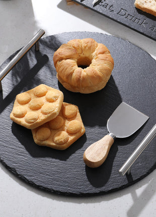 Round Slate Stone Serving Tray with stainless steel Handles kit